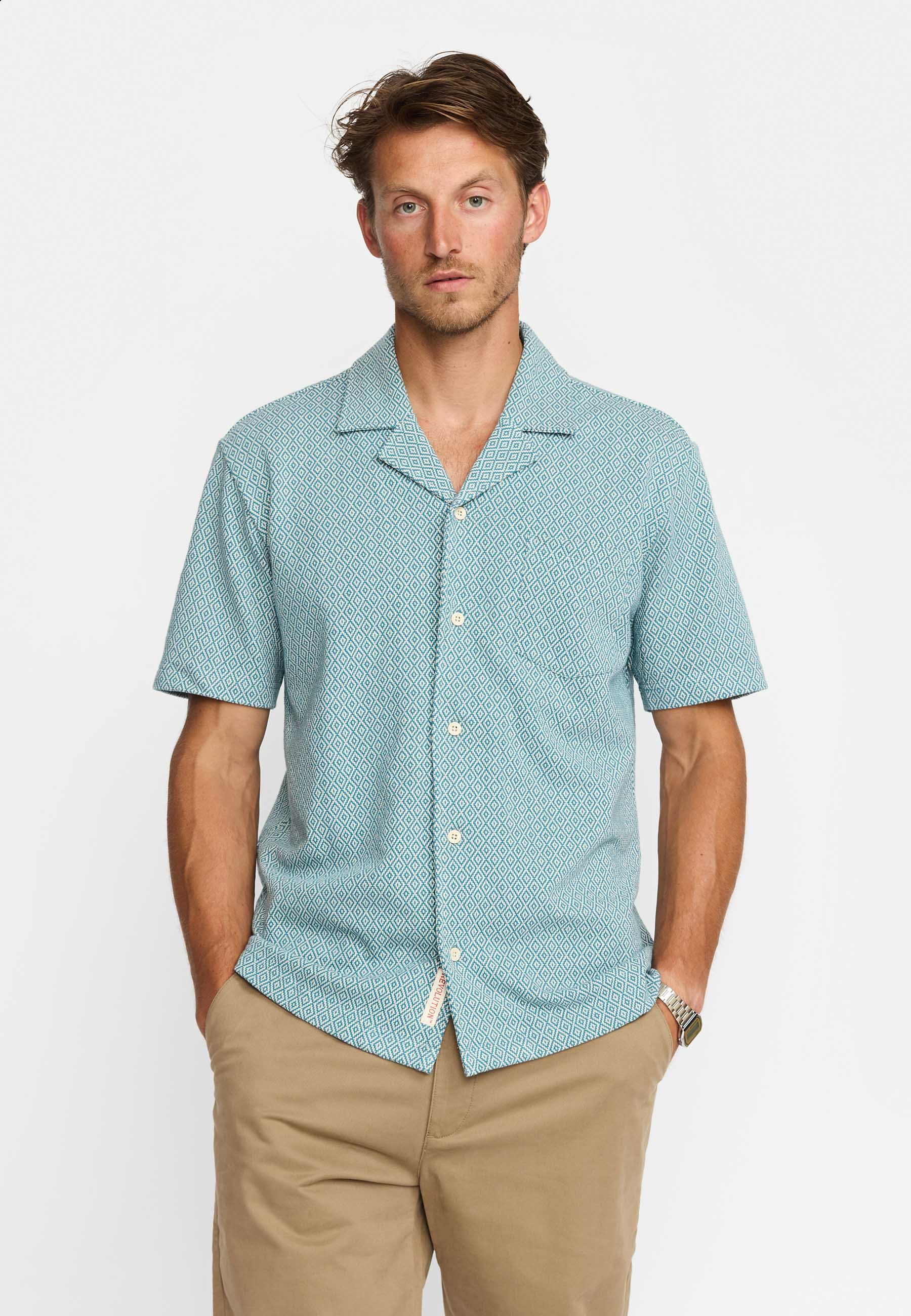 Revolution Jaquard Short-sleeved Cuban Shirt Short-sleeve shirts Dustblue